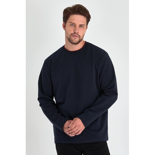 سويت شيرت رجالي كحلي بياقة دائرية مزدوجة وقصة مريحة Men's Navy Double Crew Neck Standard Relaxed Fit Sweatshirt