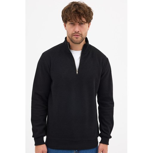 سويتشيرت رجالي أسود بياقة قائمة ونصف سحاب، قصة عادية من القطن المخلوط Men's Black Standard Fit Cotton Blend Half-Zip Stand-Up Collar Sweatshirt