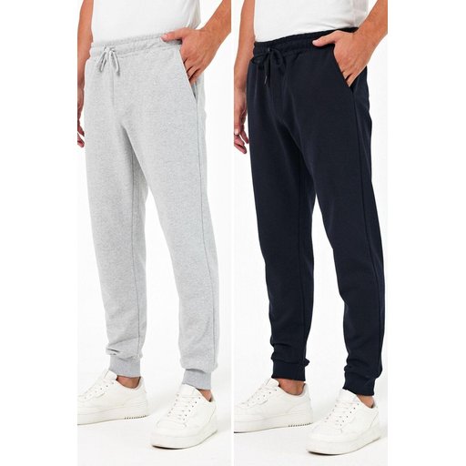 طقم بنطال رياضي رجالي 2 قطعة جوغر سميك بخصر عادي وجيب خلفي - رمادي وأزرق كحلي Men's 2-Piece Thick Jogger Sweatpants Set - Regular Fit, Back Pocket, Cuffed Hem - Grey & Navy