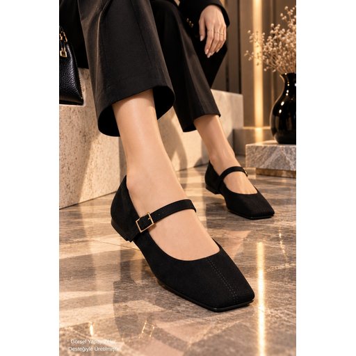 Muggo FLEUR حذاء ماري جين نسائي يومي أسود بكعب مخفي ومقدمة مربعة Muggo FLEUR Women's Mary Jane Flats - Hidden Heel, Square Toe, Single Strap - Black