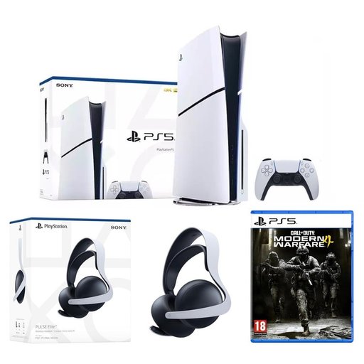 باندل بلايستيشن 5 سليم مع سماعة بلس إليت اللاسلكية ولعبة كول أوف ديوتي مودرن وورفير 4 PlayStation 5 Slim Bundle with PULSE Elite Wireless Headset & Call of Duty Modern Warfare 4