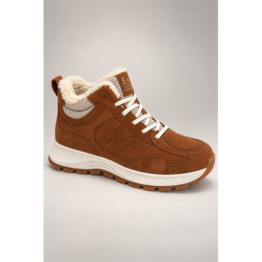 حذاء سنيكرز نسائي شتوي NORTEX من Muggo، مبطن بالفرو، برباط وسحاب، نعل سميك - تان Muggo NORTEX Women's Winter Fur-Lined Sneaker Boots with Zipper & Laces - Tan