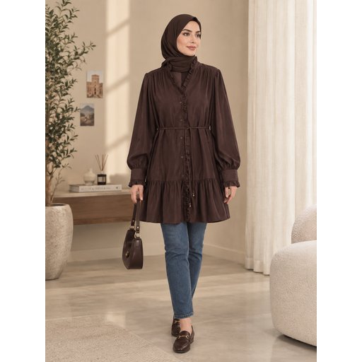 تونيك بني أنيق بلمسة حريرية وتفاصيل مكشكشة Long Tunic