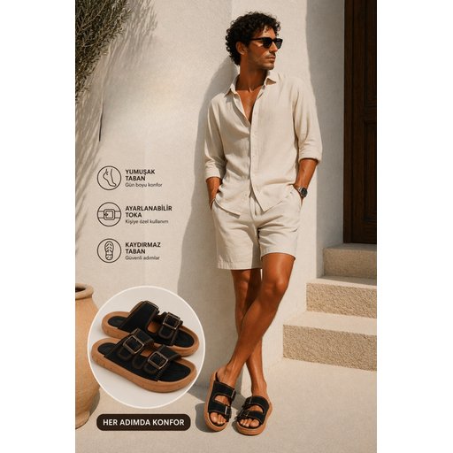 Muggo AUGUSTA شبشب رجالي يومي أسود قابل للتعديل بإبزيم مزدوج Muggo AUGUSTA Men's Adjustable Double Buckle Casual Slippers - Black