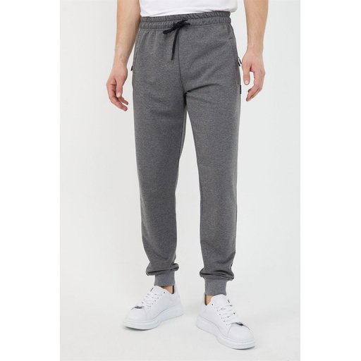 بنطلون رياضي رجالي أنثراسيت برباط عند الكاحل وسحاب جانبي Men's Anthracite Jogger Sweatpants with Ribbed Cuffs and Zipper Pockets
