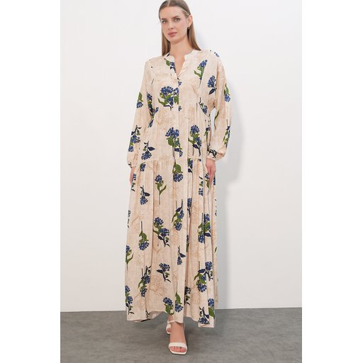 فستان نسائي طويل محتشم بنقشة 2585 - C.Mavi Women's Patterned Long Modest Dress 2585 - C.Mavi