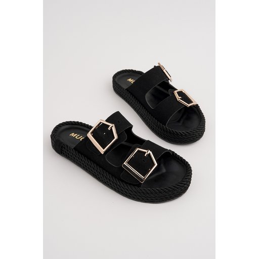 Muggo GOLDY حذاء نسائي مريح بكعب مسطح قابل للتعديل بإبزيم مزدوج - أسود Muggo GOLDY Women's Double Buckle Adjustable Comfortable Flat Sandals - Black