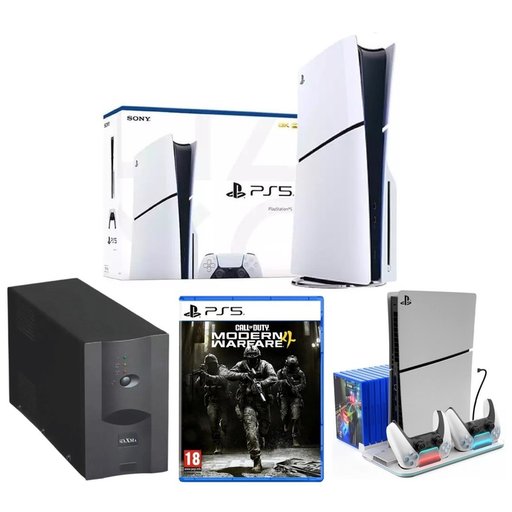 باندل بلايستيشن 5 سليم مع يو بي اس وقاعدة تبريد ومودرن وورفير 4 PlayStation 5 Slim Bundle with UPS, Cooling Stand & Modern Warfare 4