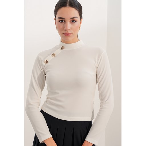 بلوزة نسائية بأكمام طويلة وتفاصيل أزرار 40044 - أبيض Women's Long Sleeve Button Detail Blouse 40044 - White