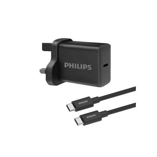 شاحن جداري سريع فيليبس بقوة 30 واط مع كابل تايب سي مضفر 1 متر Philips 30W GaN Fast Wall Charger with 1m USB-C to USB-C Braided Cable