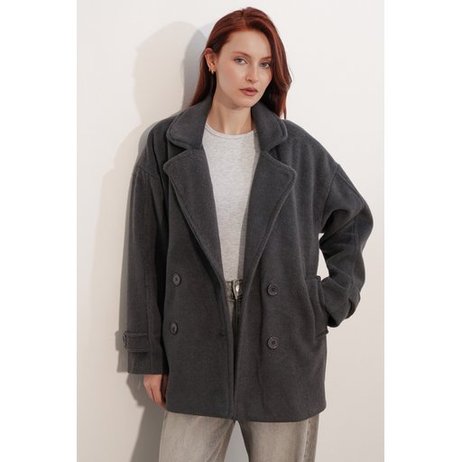 9143 جاكيت نسائي من الصوف بياقة متقاطعة - أنثراسيت 9143 Women's Anthracite Crossover Collar Wool Blend Jacket