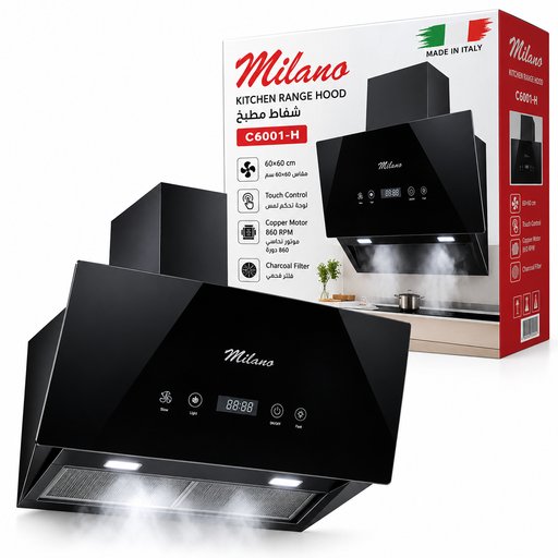شفاط مطبخ ميلانو 60×60 سم زجاج أسود C6001-H Milano Kitchen Range Hood 60×60 cm Black Glass C6001-H