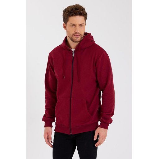 METALIC سترة رجالية بغطاء رأس وسحاب، جيب كنغر، مبطنة بالقطن - BORDO METALIC Men's Hooded Zipper Cardigan with Kangaroo Pocket, Cotton Lined - BORDO