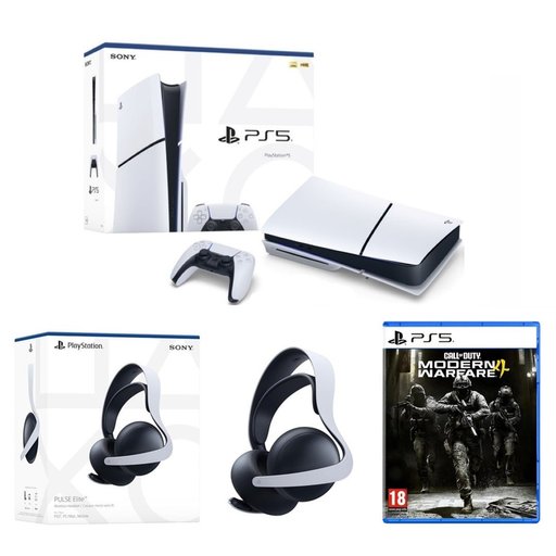 باندل بلايستيشن 5 سليم مع سماعة بلس إليت اللاسلكية ولعبة كول أوف ديوتي مودرن وورفير 4 PlayStation 5 Slim Bundle with PULSE Elite Wireless Headset & Call of Duty Modern Warfare 4