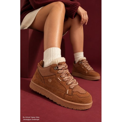 حذاء رياضي نسائي Muggo REXTON شتوي برباط ونعل سميك بتفاصيل فرو - توبا Muggo REXTON Women's Winter Sneaker with Fur Detail, Chunky Sole & Laces - Taba