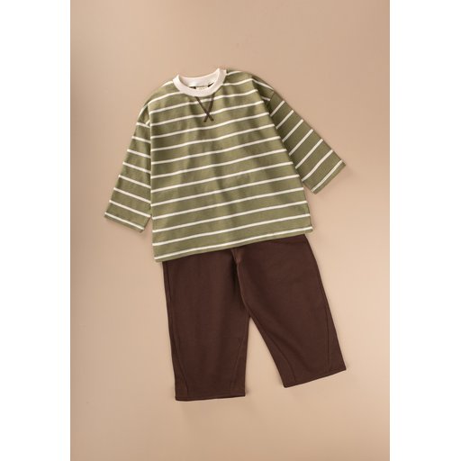 طقم بنطلون واسع موسمي للأطفال 2-7 سنوات - أخضر مخطط Seasonal Wide-Cut Pants Set for Kids 2-7 Years - Green Striped