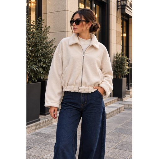 جاكيت نسائي بسحاب وتفاصيل حزام 0784 - كريمي Women's Belt Detail Zipper Jacket 0784 - Cream
