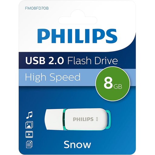 فلاش ميموري فيليبس سنو Snow بسعة 8GB وواجهة USB 2.0 باللون الأبيض والأخضر مع غطاء حماية ومؤشر LED Philips Snow USB Flash Drive 8GB USB 2.0 – Spring Green