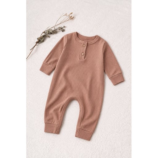 تولوم أطفال مضلع بأساور 0-3 سنوات - بني Ribbed Cuff Baby Romper 0-3 Years - Brown