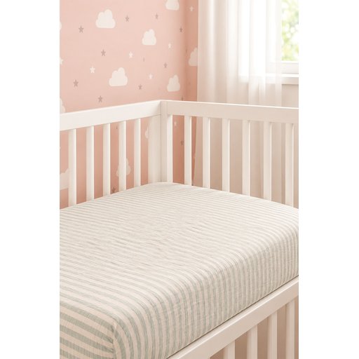 شرشف سرير أطفال موسلين مطاطي مقاوم للماء 60x120x15 سم - نعناعي مخطط سميك Muslin Fitted Crib Sheet Waterproof 60x120x15 Mint Thick Striped