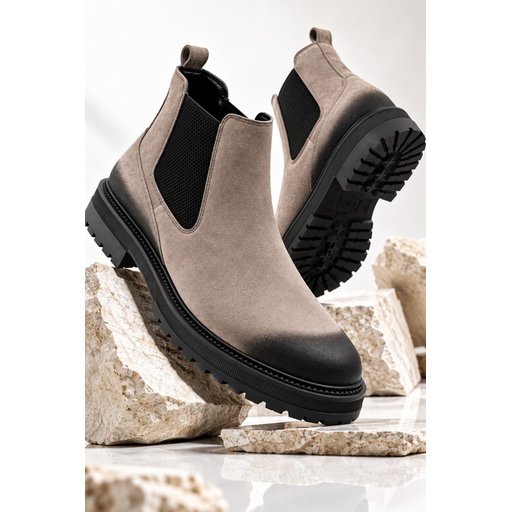 بوت تشيلسي رجالي Muggo BRAWN جلد طبيعي عتيق بنعل سميك - رملي Muggo BRAWN Men's Genuine Leather Vintage Toe Elastic Thick Sole Chelsea Boots - Sand