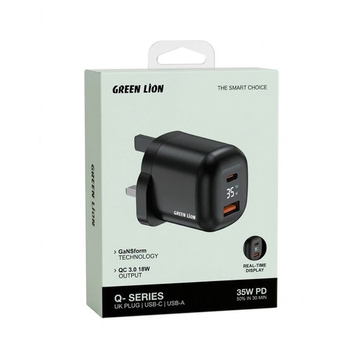 شاحن جداري جرين ليون Q-Series بقدرة 35 واط بمنفذ USB-C وUSB-A Green Lion Q-Series 35W GaN Wall Charger with USB-C and USB-A Ports – UK Plug