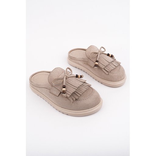 Muggo FRİNGE حذاء لوفر نسائي مريح من جلد الشمواه بتفاصيل فيونكة وشرابة - بيج Muggo FRİNGE Women's Suede Leather Bow Tassel Loafer Slippers - Beige