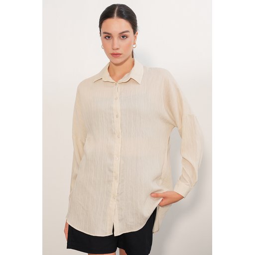 قميص نسائي فضفاض بخطوط 20407 - كريم Women's Striped Oversize Shirt 20407 - Cream