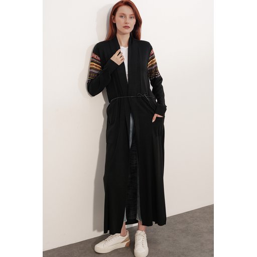 جاكيت كارديجان تريكو طويل 15690 - أسود 15690 Long Knit Cardigan - Black