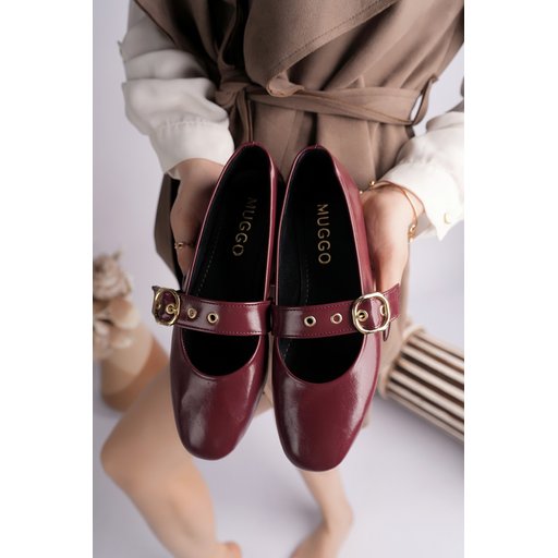 حذاء باليه نسائي Muggo DAİSİE بحزام وإبزيم ذهبي - خمري Muggo DAİSİE Women's Mary Jane Ballet Flats with Gold Buckle - Burgundy