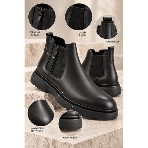 حذاء تشيلسي رجالي MUGGO LENOX جلد طبيعي بسحاب ونعل سميك - أسود MUGGO LENOX Men's Genuine Leather Chelsea Boots with Zipper & Chunky Sole - Black