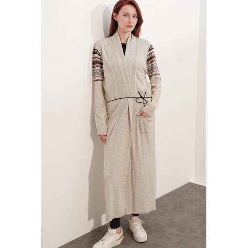 جاكيت صوف طويل 15690 - حجر 15690 Long Knit Cardigan - Stone