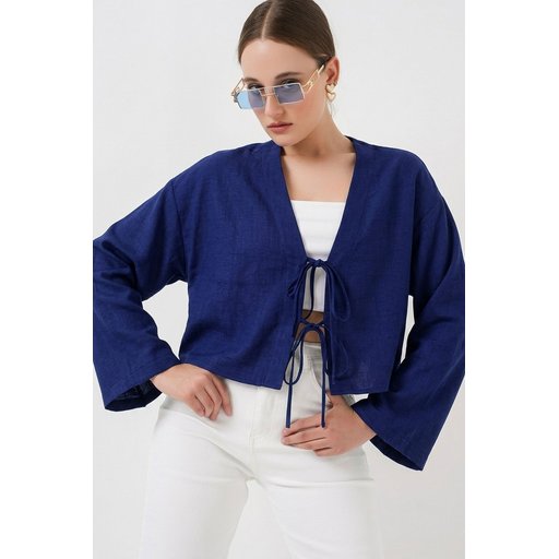 كيمونو كتان برباط أمامي 960 - أزرق ملكي Front Tie Linen Kimono 960 - Saks Blue