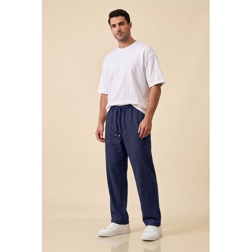 بنطلون رجالي مريح من الكتان 30118 - كحلي Men's Comfortable Linen Trousers 30118 - Navy Blue