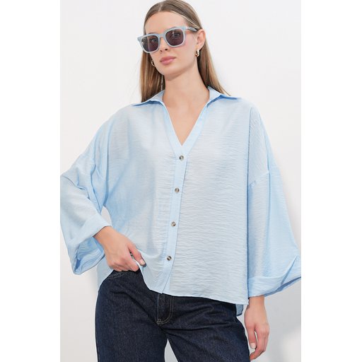 قميص نسائي واسع الأكمام فضفاض 20401 - أزرق Women's Wide Sleeve Oversize Shirt 20401 - Blue