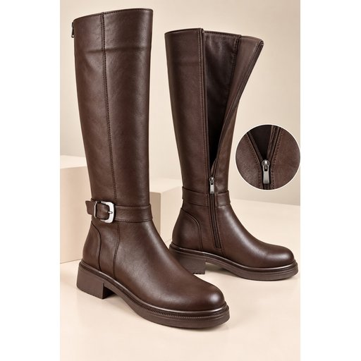 Muggo HARNES حذاء بوت نسائي طويل بسحاب ومشبك - بني Muggo HARNES Women's Zippered Buckle Tall Rider Boots - Brown