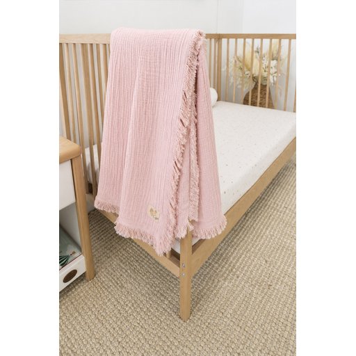 Four-Layer Tasseled Organic Muslin Blanket 80x120 cm - Powder Pink