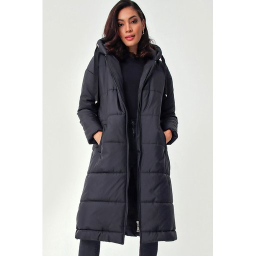 جاكيت منفوخ طويل بغطاء رأس 5120 - أسود 5120 Hooded Long Puffer Jacket - Black