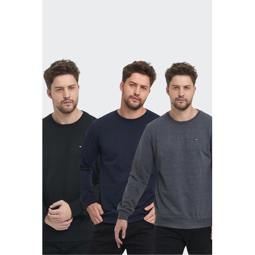 طقم سويت شيرت رجالي 3 قطع بقصة عادية وياقة دائرية وتطريز - أسود، كحلي، أنثراسيت Men's Black-Navy-Anthracite Crew Neck Embroidered Regular Fit 3-Pack Sweatshirt