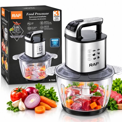 محضرة طعام ومفرمة كهربائية RAF سعة 3 لتر بقدرة 300 واط – R.7026 RAF Electric Food Processor 3L 300W – R.7026