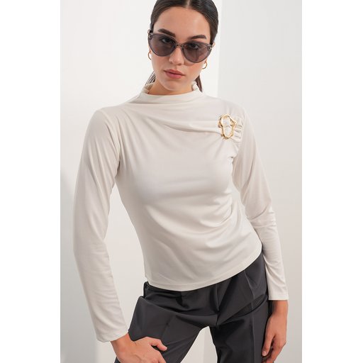 بلوزة نسائية بأكمام طويلة وتفاصيل مشبك 40046 - أبيض Women's Long Sleeve Blouse with Buckle Detail 40046 - White