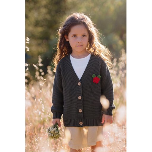 Links سترة كارديجان للأطفال بياقة V وتصميم وردة - أخضر كاكي (2-7 سنوات) Links Kids' V-Neck Rose Design Cardigan - Khaki Green (2-7 Years)
