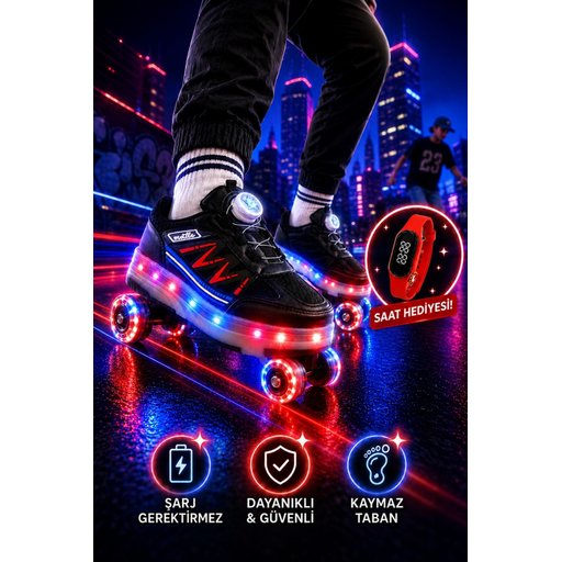 حذاء رياضي MUGGO SKY للأطفال بعجلات وإضاءة LED - أسود وأحمر MUGGO SKY Kids' Light-Up Roller Sneaker Shoes - Black & Red