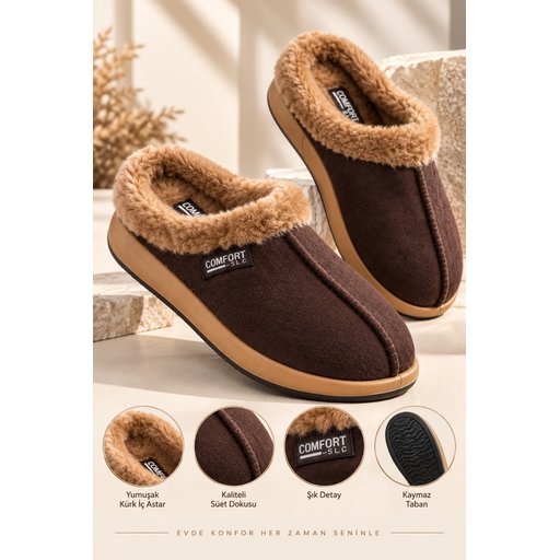 Muggo LAFONT شبشب رجالي شتوي مبطن بالفرو مريح - بني Muggo LAFONT Men's Winter Fur-Lined Comfortable Slippers - Brown