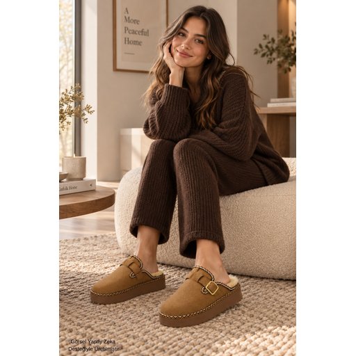 شبشب نسائي شتوي يومي Muggo MAYRA مبطن بالفرو مع إبزيم - توباكو Muggo MAYRA Women's Buckled Faux-Fur Lined Winter Daily Slipper - Taba