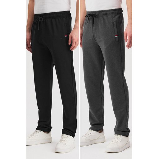 بنطلون رياضي رجالي مريح بقصة مستقيمة، 2 قطعة، أسود-أنثراسيت Men's Black-Anthracite 2-Pack Straight Leg Tracksuit Bottoms with Zipper Pockets and Embroidery Detail