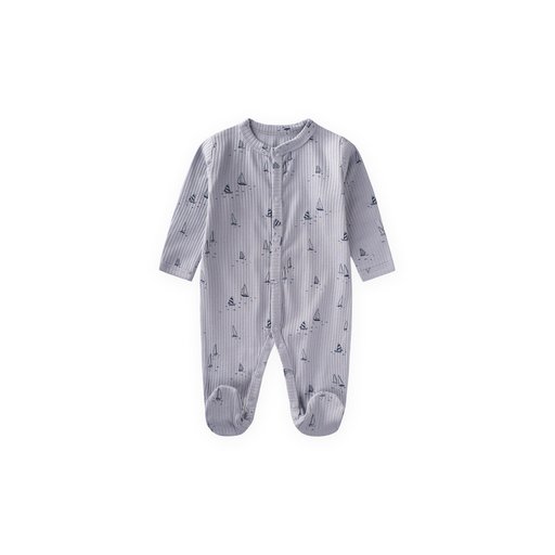 تولوم أطفال بتصميم أشرعة أزرق مع قفازات مدمجة 0-9 أشهر Baby Footed Romper with Built-in Mittens - Blue Sail Pattern 0-9 Months