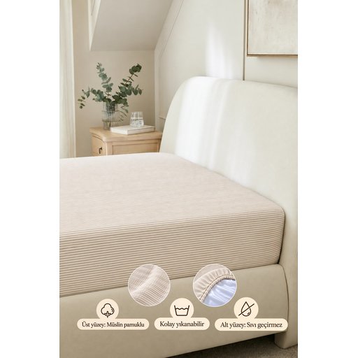 ملاية سرير موسلين مطاطية مقاومة للماء 90x190x20 سم - أخضر بخطوط رفيعة Muslin Fitted Sheet Waterproof 90x190x20 cm - Green Thin Striped