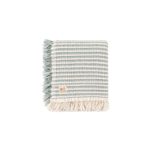 بطانية موسلين 4 طبقات بشرابات 80x120 سم - خطوط خضراء Four-Layer Muslin Blanket with Tassels 80x120 cm - Green Striped
