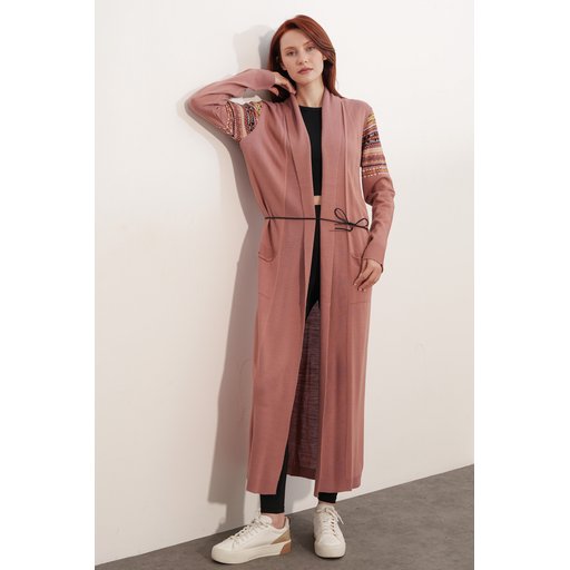جاكيت تريكو طويل 15690 - لون وردي مجفف 15690 Long Knit Cardigan - Dried Rose